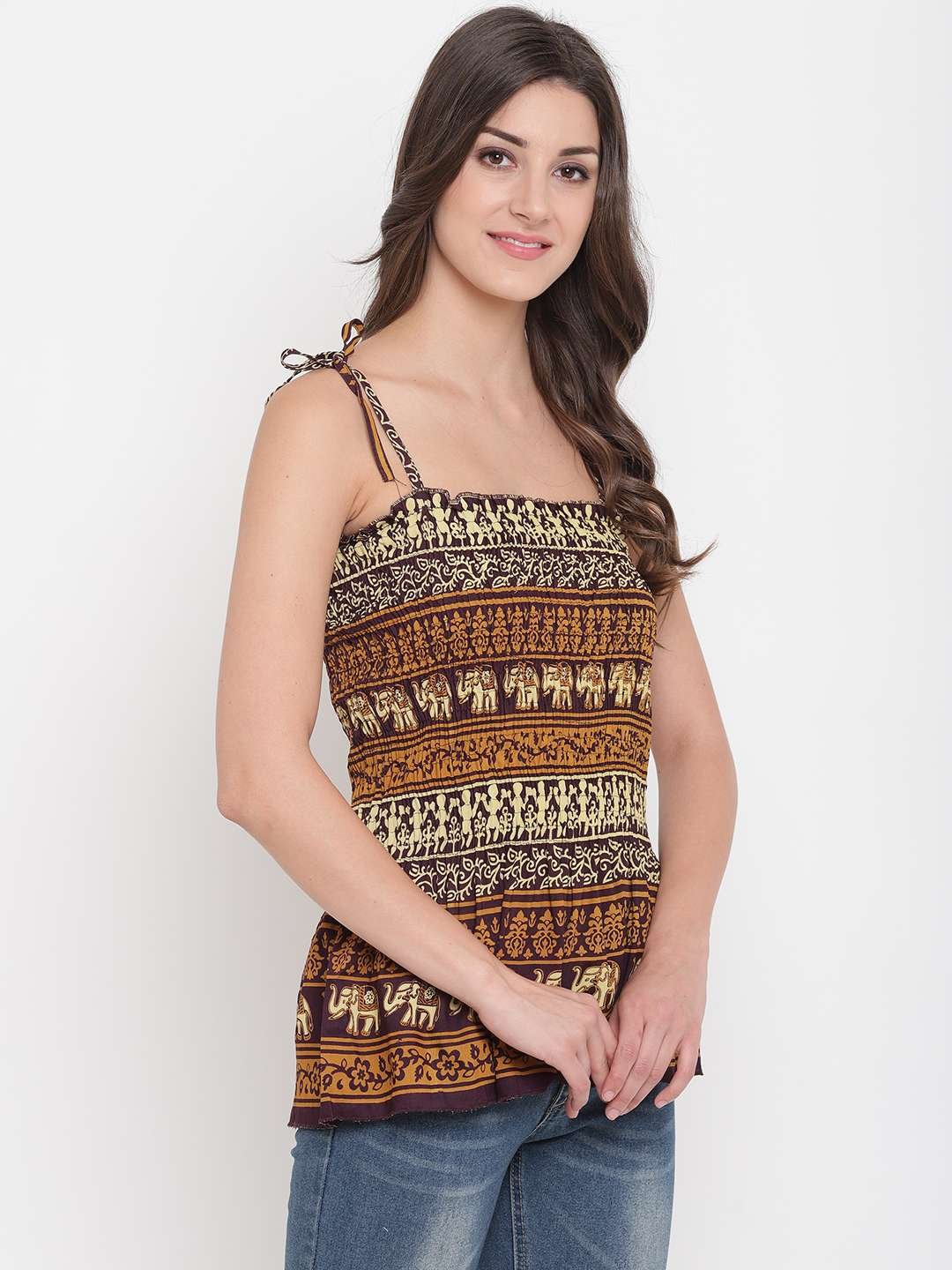 Women's Rayon Printed Casual Summer Style Tie Shoulder Straps Free Size Tank Top ( Multi5)