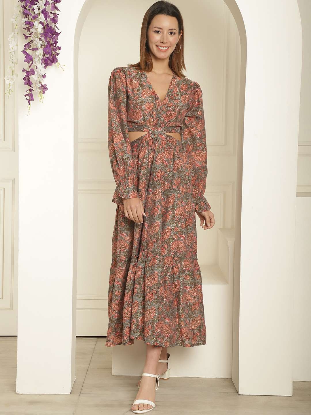 Women's Silk Printed V-Neck Long Bell Sleeves Tiered Maxi Dress Gown (Brown) - Image 7